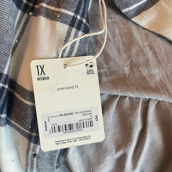 NWT white & black plaid flannel shirt with rhinestone size 1x long sleeve - Picture 3 of 9